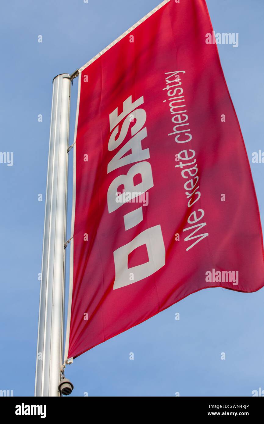 February 2024: BASF flag at the entrance to the main plant in Ludwigshafen am Rhein Stock Photo