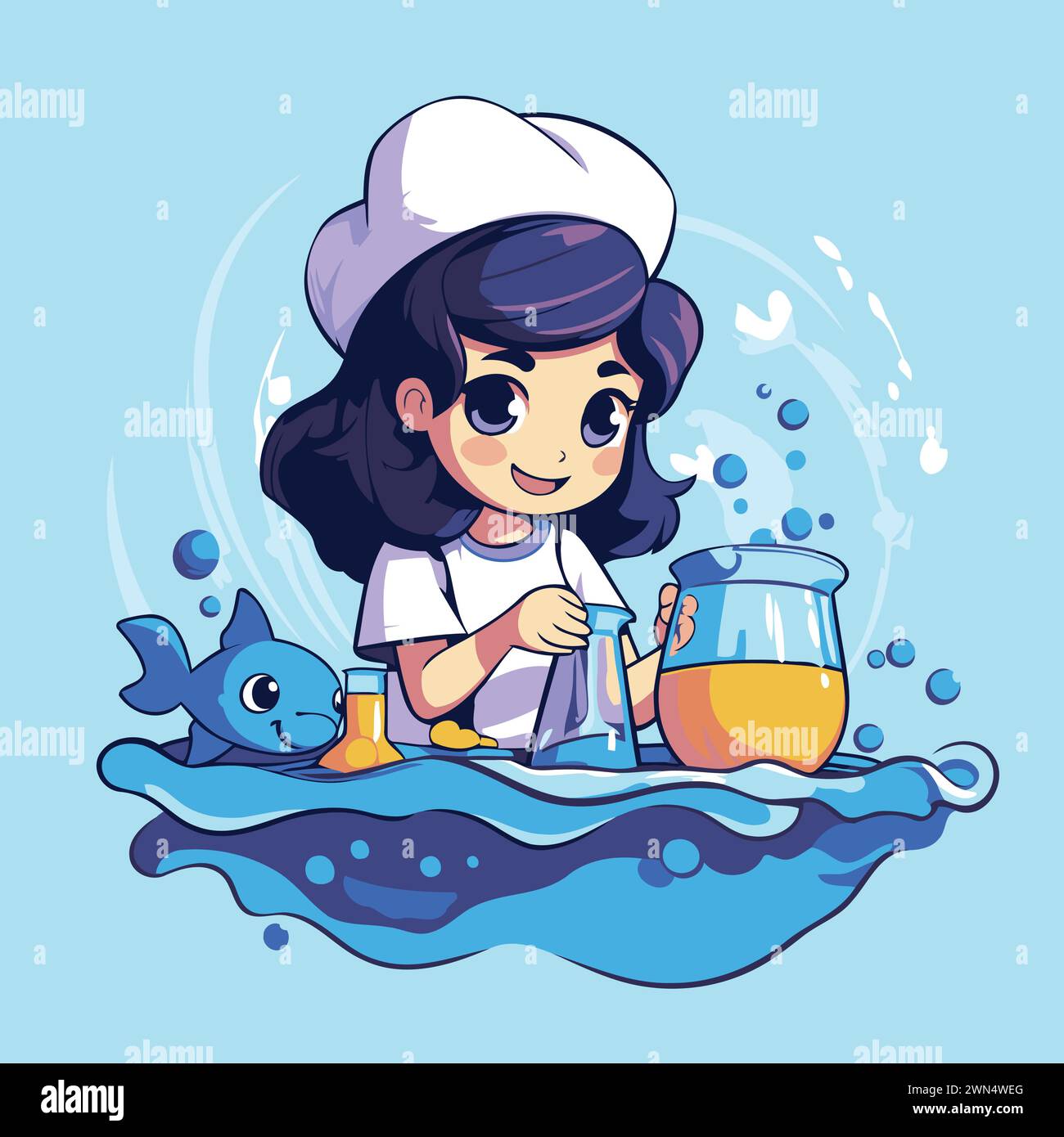 Cute little girl in chef's hat and apron is playing with the fish. Cartoon vector illustration. Stock Vector