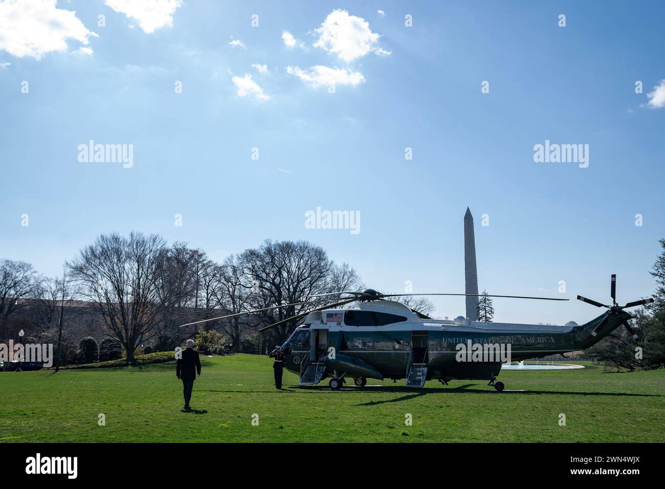 Washington, United States. 29th Feb, 2024. US President Joe Biden walks on the South Lawn of the White House before boarding Marine One in Washington, DC, US, on Thursday, Feb. 29, 2024. Biden plans to visit Brownsville, Texas, where he will press lawmakers to pass a bipartisan Senate border security deal that was rejected by Republicans at Trump's urging and meet with US Border Patrol agents, law enforcement and local leaders. Photo by Leigh Vogel/Pool/ABACAPRESS.COM Credit: Abaca Press/Alamy Live News Stock Photo