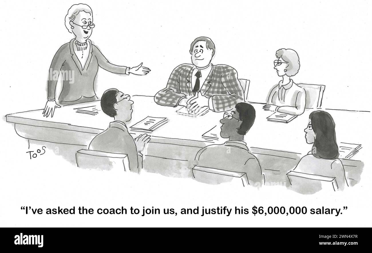 BW cartoon of a meeting.  The female leader has invited the Athletic Coach to talk in order to justify his huge, $6 million salary. Stock Photo