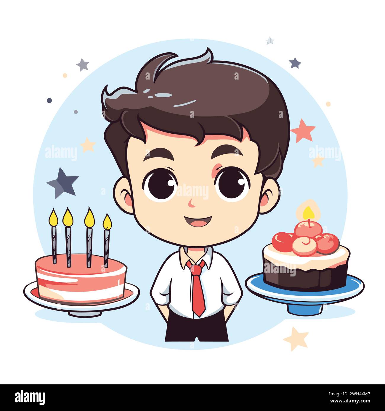 Cute boy with birthday cake and candles. Vector cartoon illustration ...