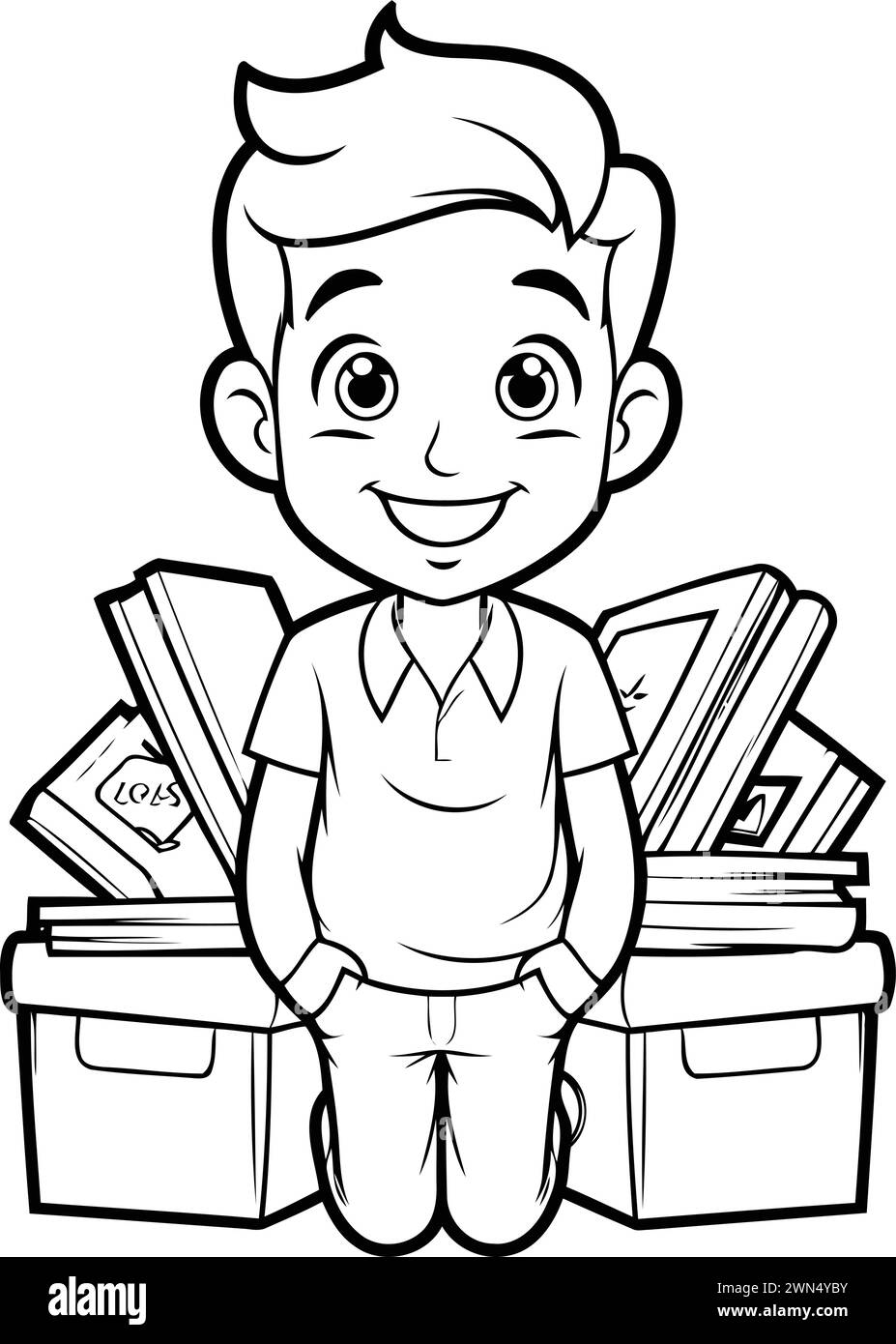 Black and White Cartoon Illustration of a Kid Boy with Money Boxes for ...