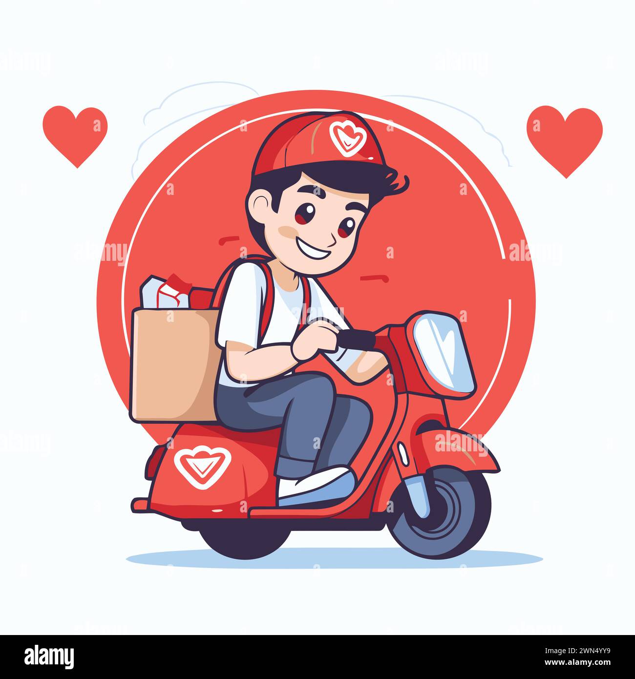 Courier on scooter delivering a package. Vector illustration. Stock Vector