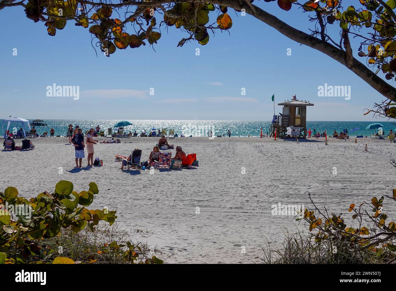 USA Florida FL Sarasota Lido Beach on Lido Key by the Gulf of Mexico  People enjoying the sun sand and blue waters Stock Photo