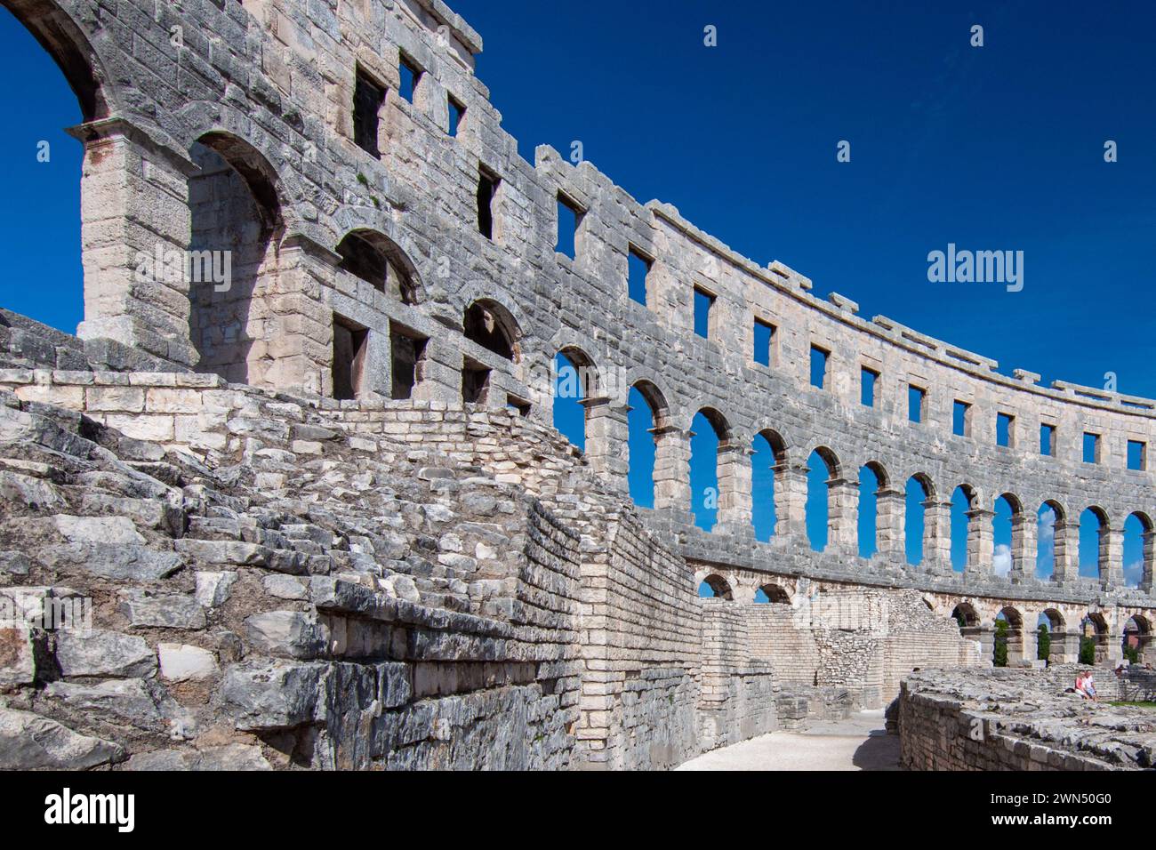 Roman amphitheater in Pula.  Built in the 1st century AD  Arches, architectural details.  Pula, Pola, Istria, Croatia Stock Photo