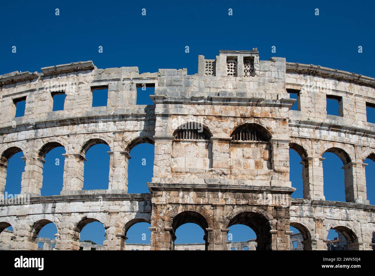 Roman amphitheater in Pula.  Built in the 1st century AD  Arches, architectural details.  Pula, Pola, Istria, Croatia Stock Photo