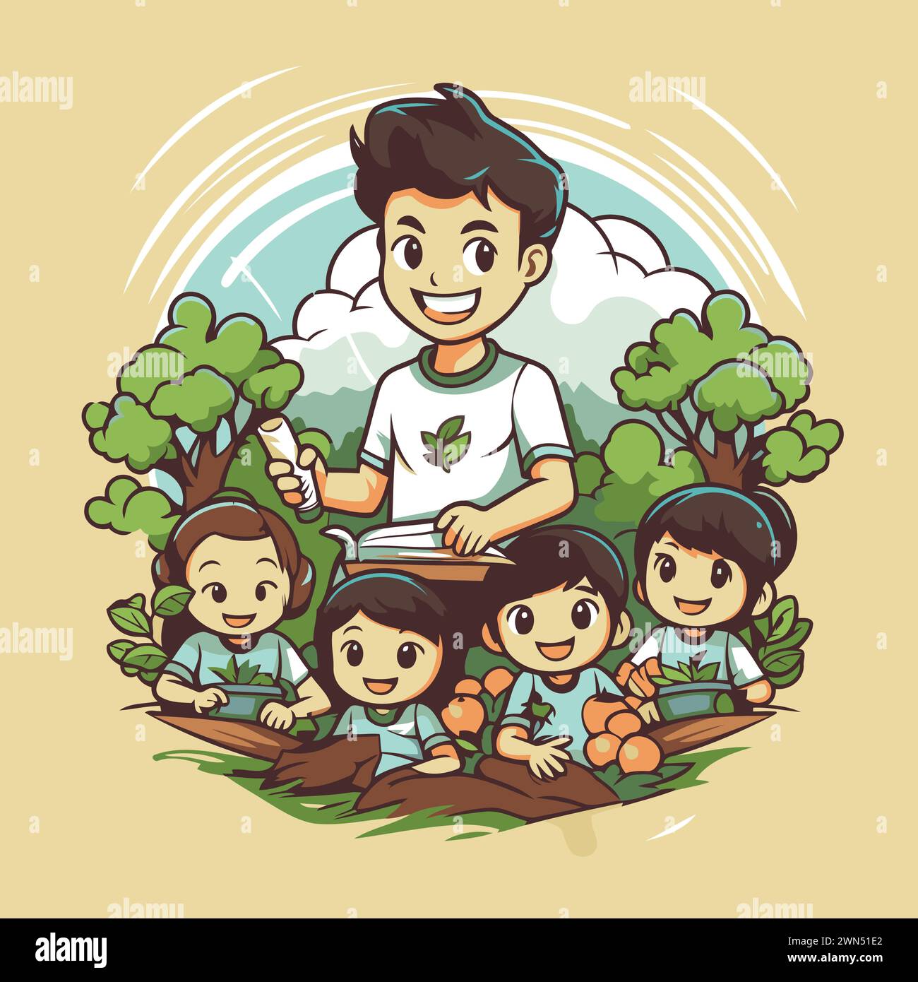 Children with books in the park. Vector illustration of cartoon