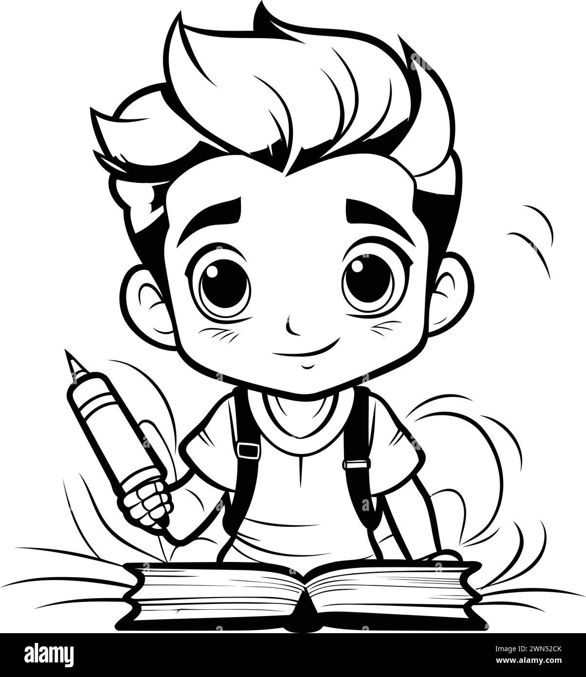 Cute Boy Studying - Black and White Cartoon Illustration. Vector Stock