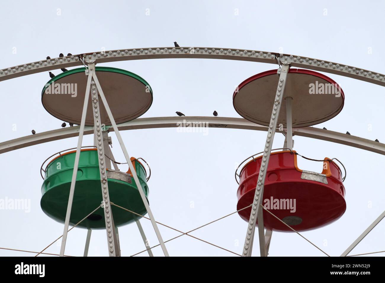 Aerial symphony. Two gondolas, green and red colors and birds in the ferris wheel amusement park. Stock Photo