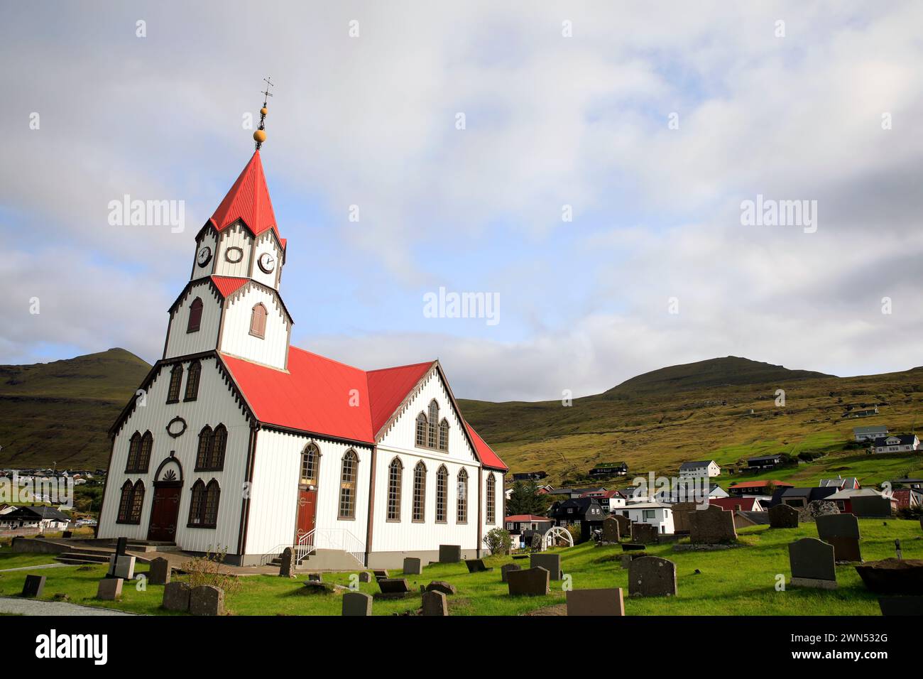 Beautiful church in Sandavagur, Vagar, Faroe islands Stock Photo
