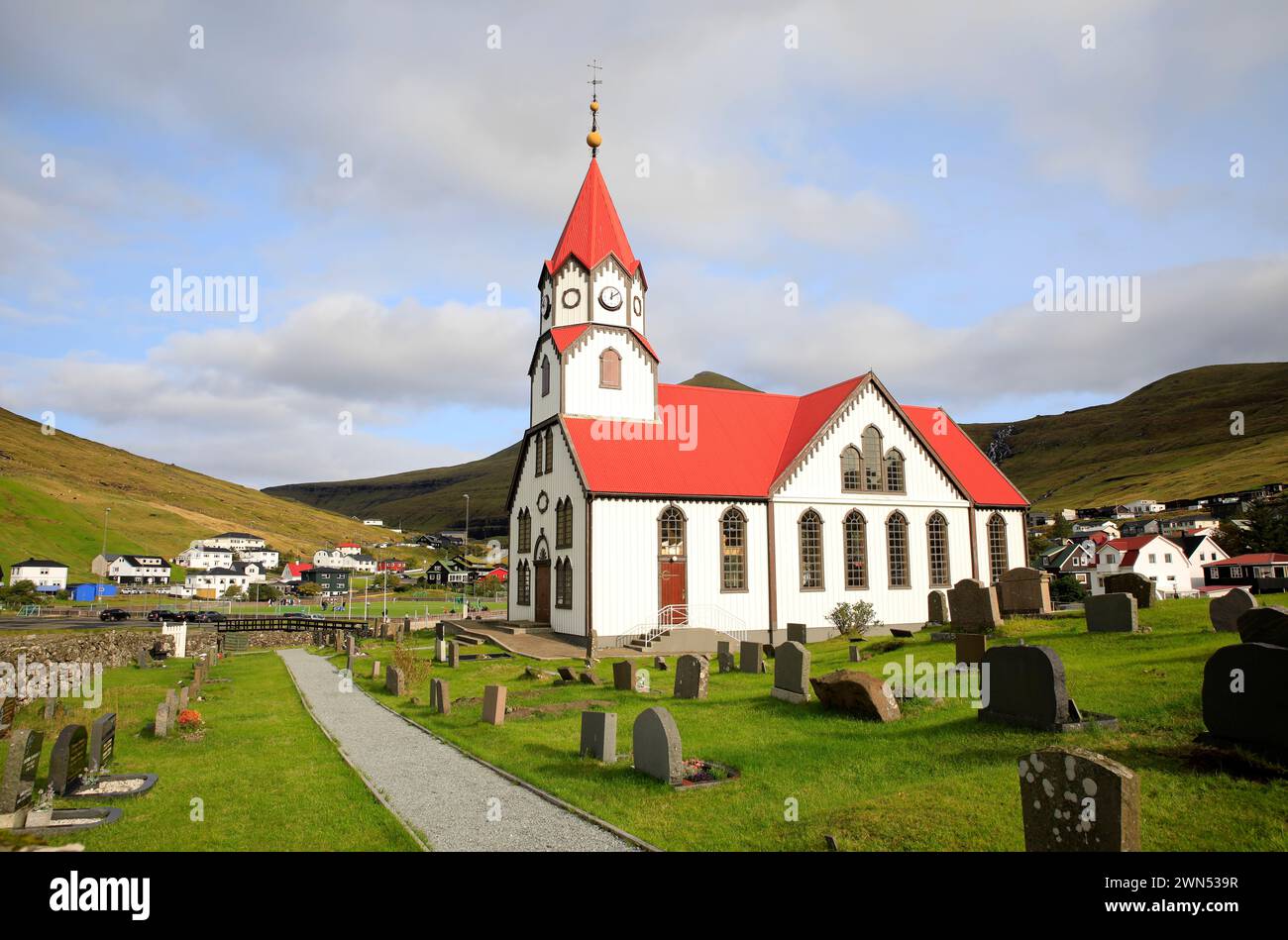 Beautiful church in Sandavagur, Vagar, Faroe islands Stock Photo
