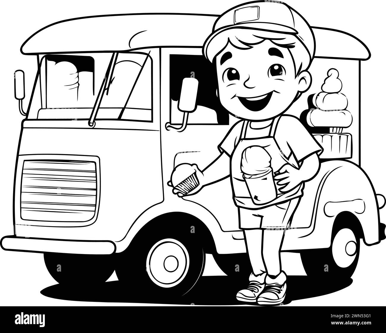 Cute cartoon boy with ice cream truck. Black and white vector illustration. Stock Vector