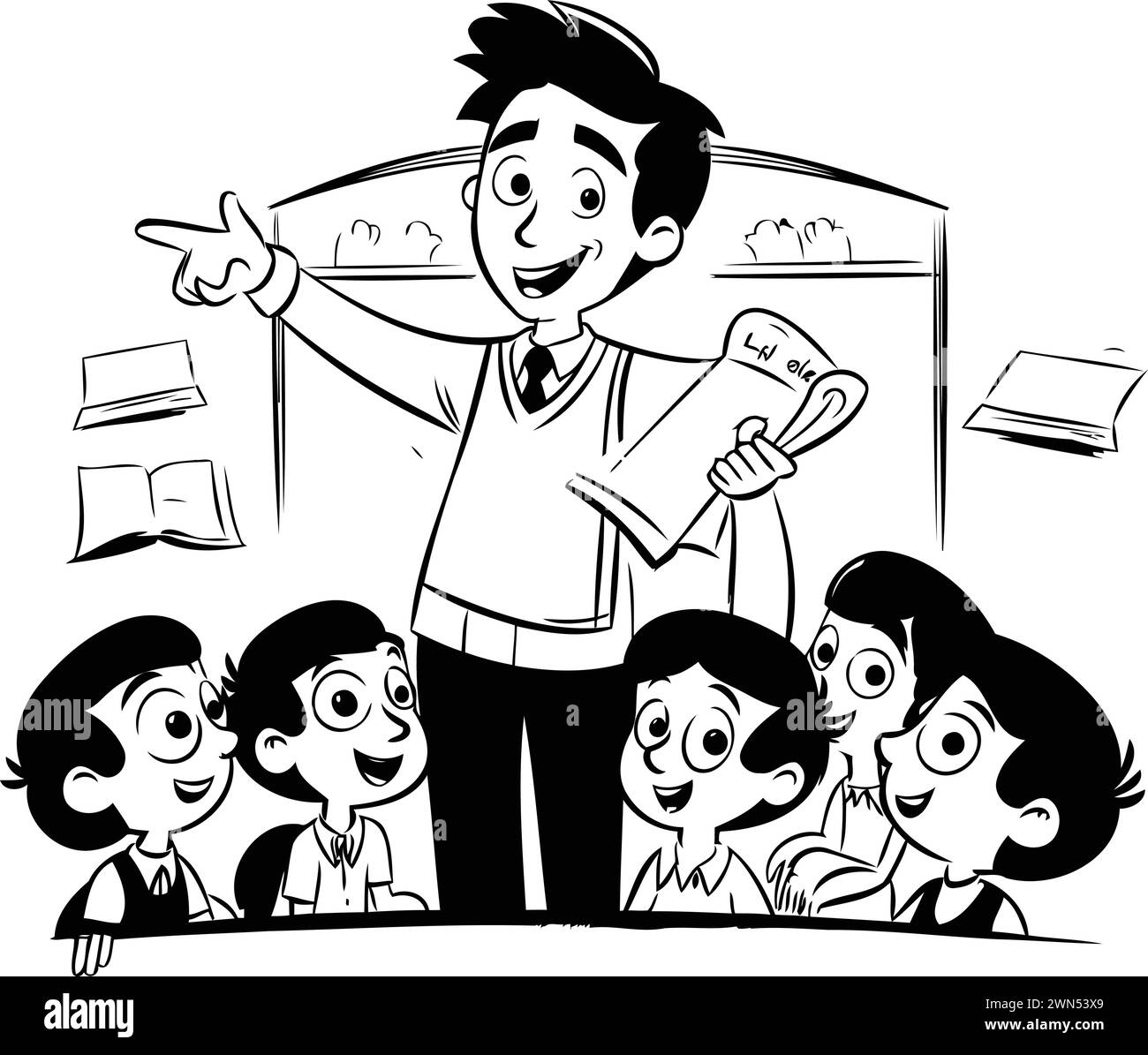 Teacher and pupils on a white background. Black and white vector ...