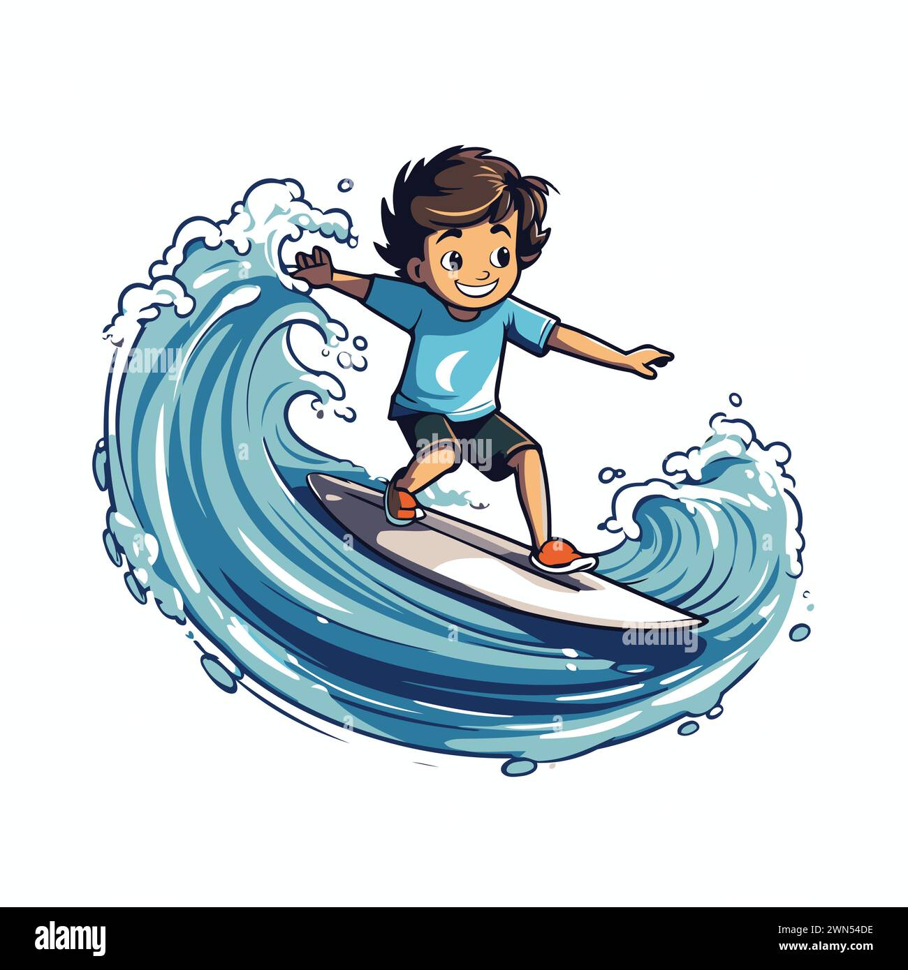 Boy surfing on the waves. Vector illustration isolated on white ...