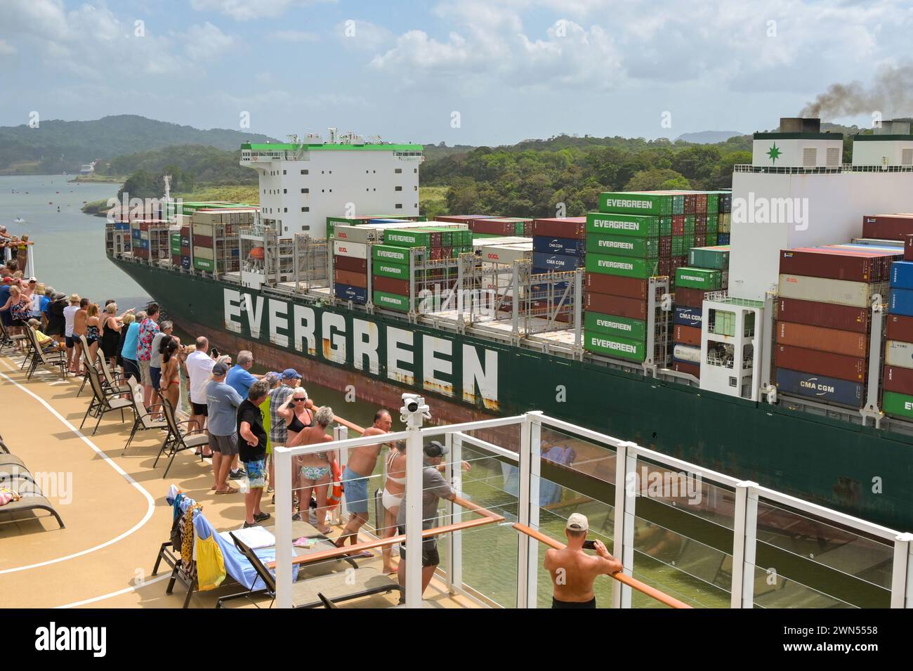 Panama Canal, Panama - 23 January 2024: Passengers on the top deck of a ...