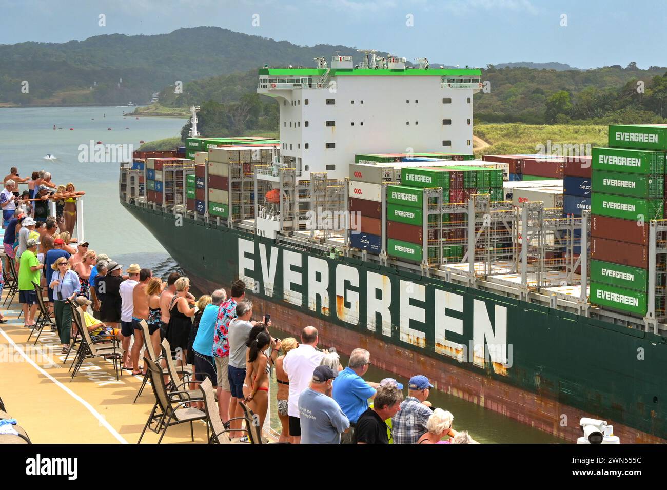  Panama Canal, Panama - 23 January 2024: Passengers on the top deck of a Illustration 