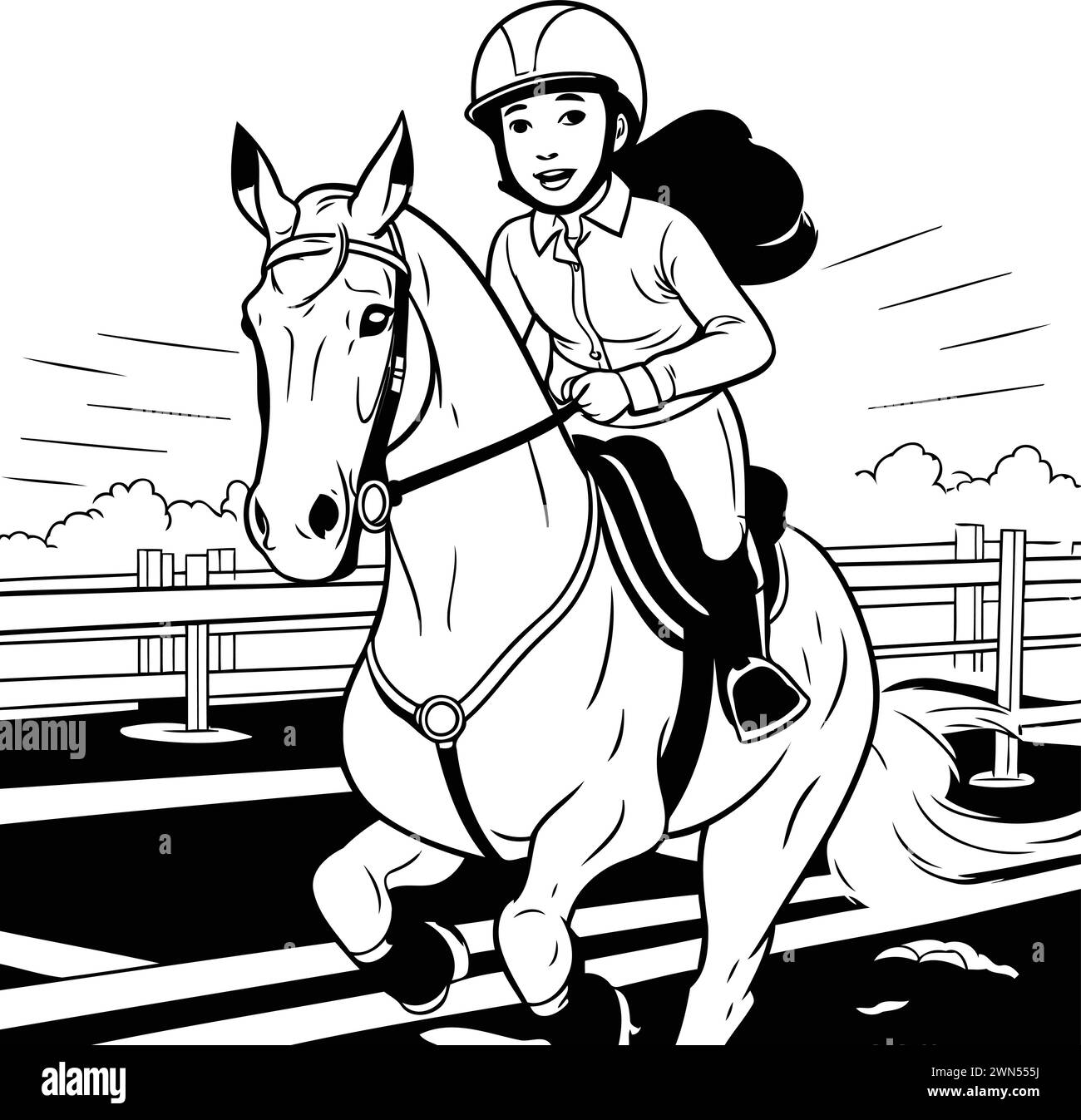 Girl jockey riding a horse. Black and white vector illustration Stock