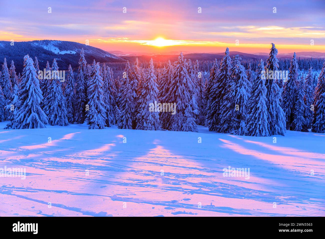 Sonnenuntergang und Winterlandschaft an der Wossecker Baude oberhalb von Harrachsdorf im Riesengebirge, Tschechien *** Sunset and winter landscape at Stock Photo