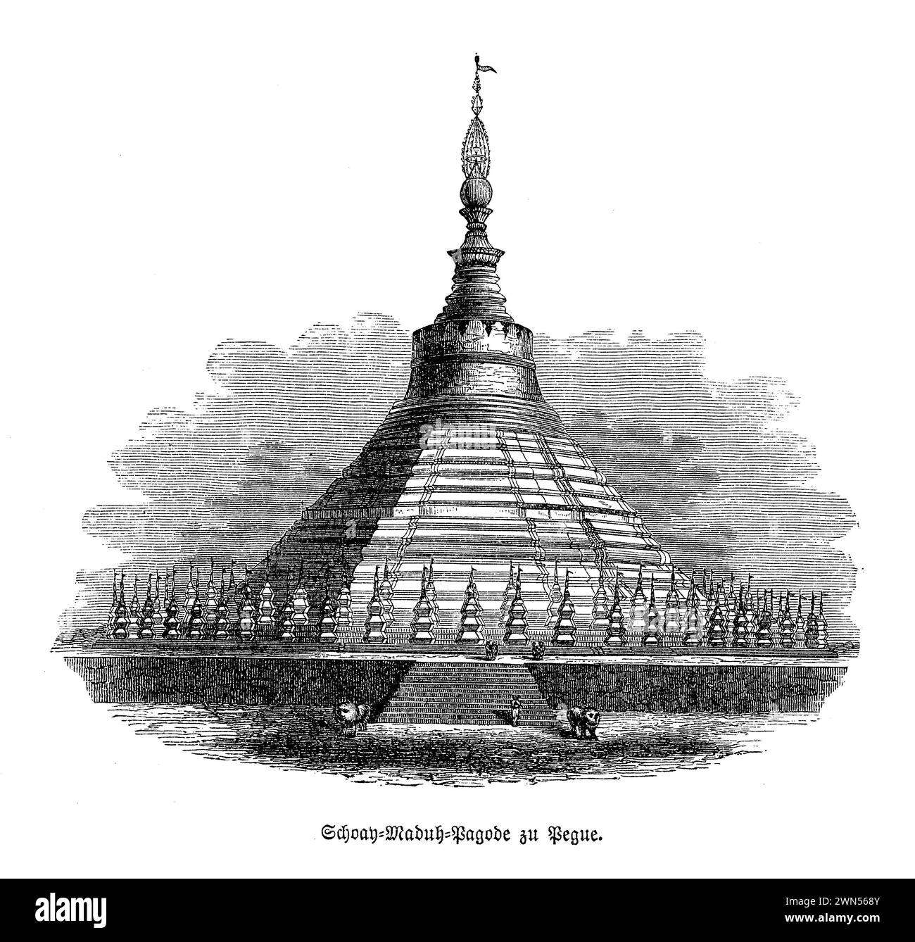 The Shwemawdaw Pagoda, known as the 'Golden God Temple,' stands as the tallest pagoda in Myanmar, its spire reaching skyward, gilded and glinting in the sun. Located in the historic city of Bago, this majestic structure is visible for miles, symbolizing the spiritual heart of the Myanmar people. Dating back over a thousand years, it has been embellished and rebuilt by successive kings, each adding to its glory. The pagoda enshrines strands of Buddha's hair, making it a significant pilgrimage site for Buddhists seeking merit and spiritual fulfillment. The complex is adorned with smaller stupas, Stock Photo