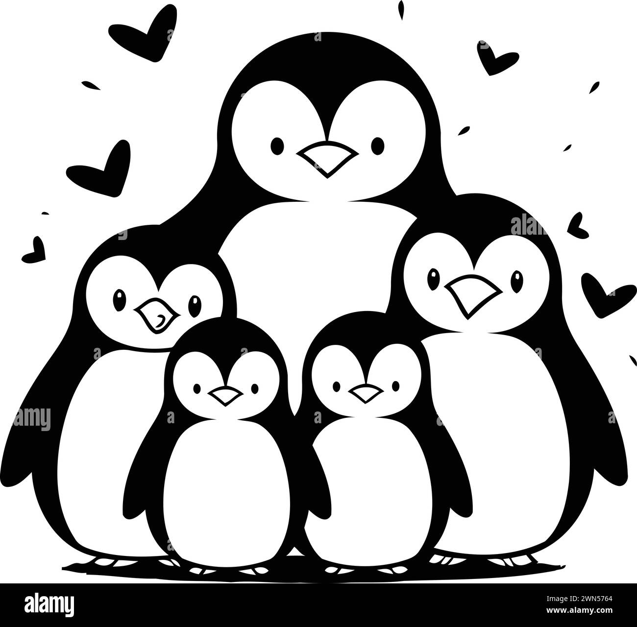 Penguin family. Black and white vector illustration for coloring book