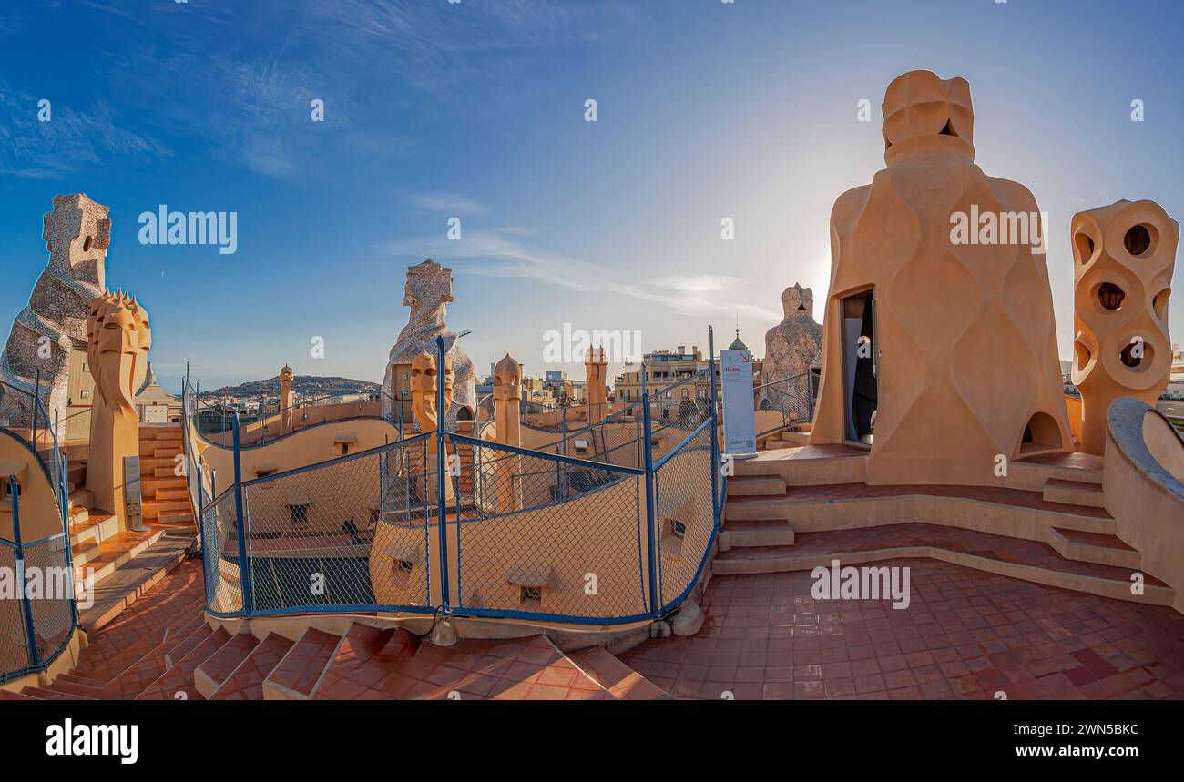 Barcelona, Catalonia, Spain-Feb. 27, 2022: Details from the roof of Casa Mila or La Pedrera. It was the last private residence designed by Antoni Gaud Stock Photo