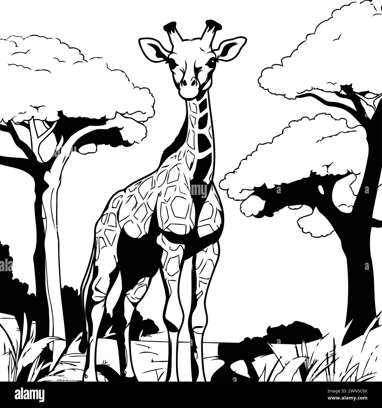 Giraffe in the savannah. black and white vector illustration Stock