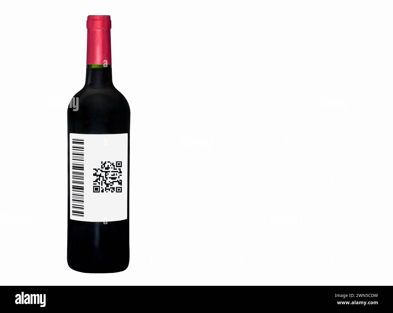 Isolated red wine bottle and illustration of qr and bar codes on label. E-labeling for wine and alcohol industry. Stock Photo