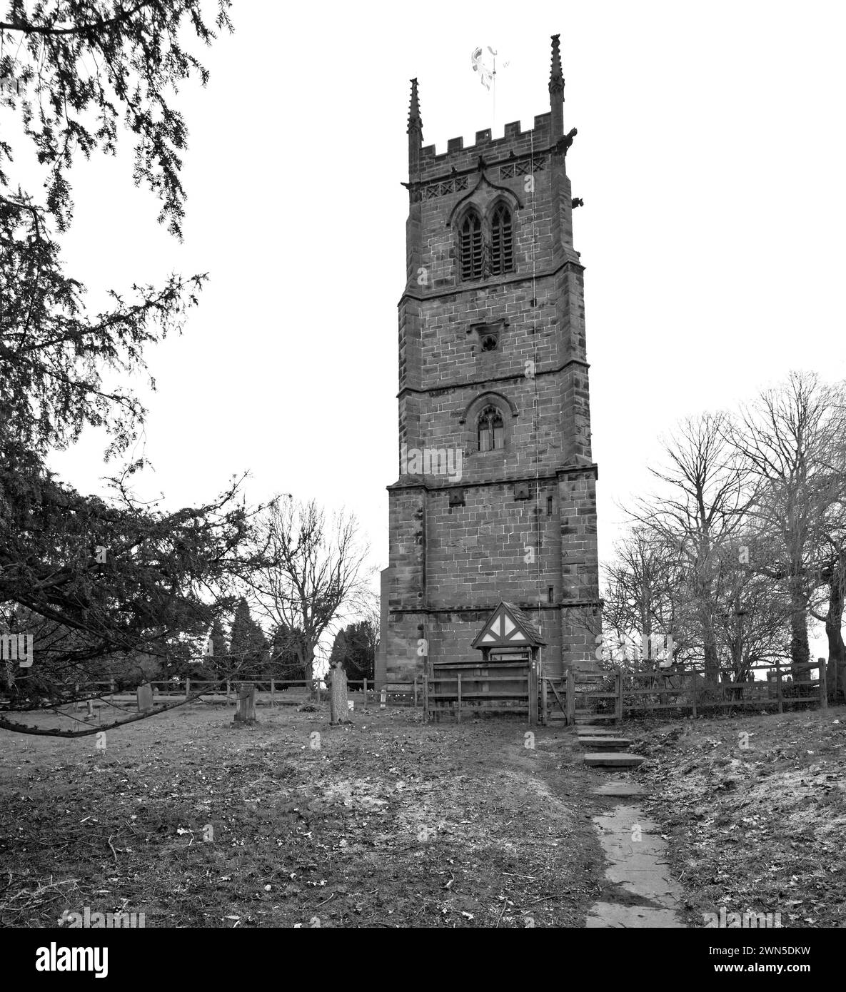 The Leaning Tower of South Cheshire at St Chad's, Gothic style Church at Wybunbury - a Grade II listed building and National Heritage Site. Stock Photo