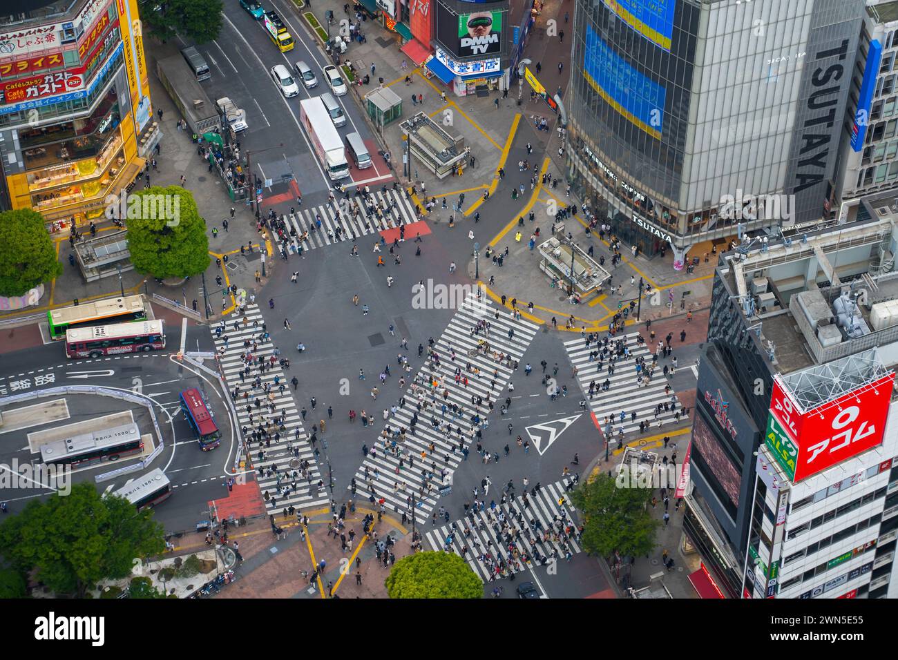 Pedestrians using the Shibuya Scramble Crossing, busy pedestrian intersection in Shibuya, special ward in the capital city Tokyo, Japan Stock Photo
