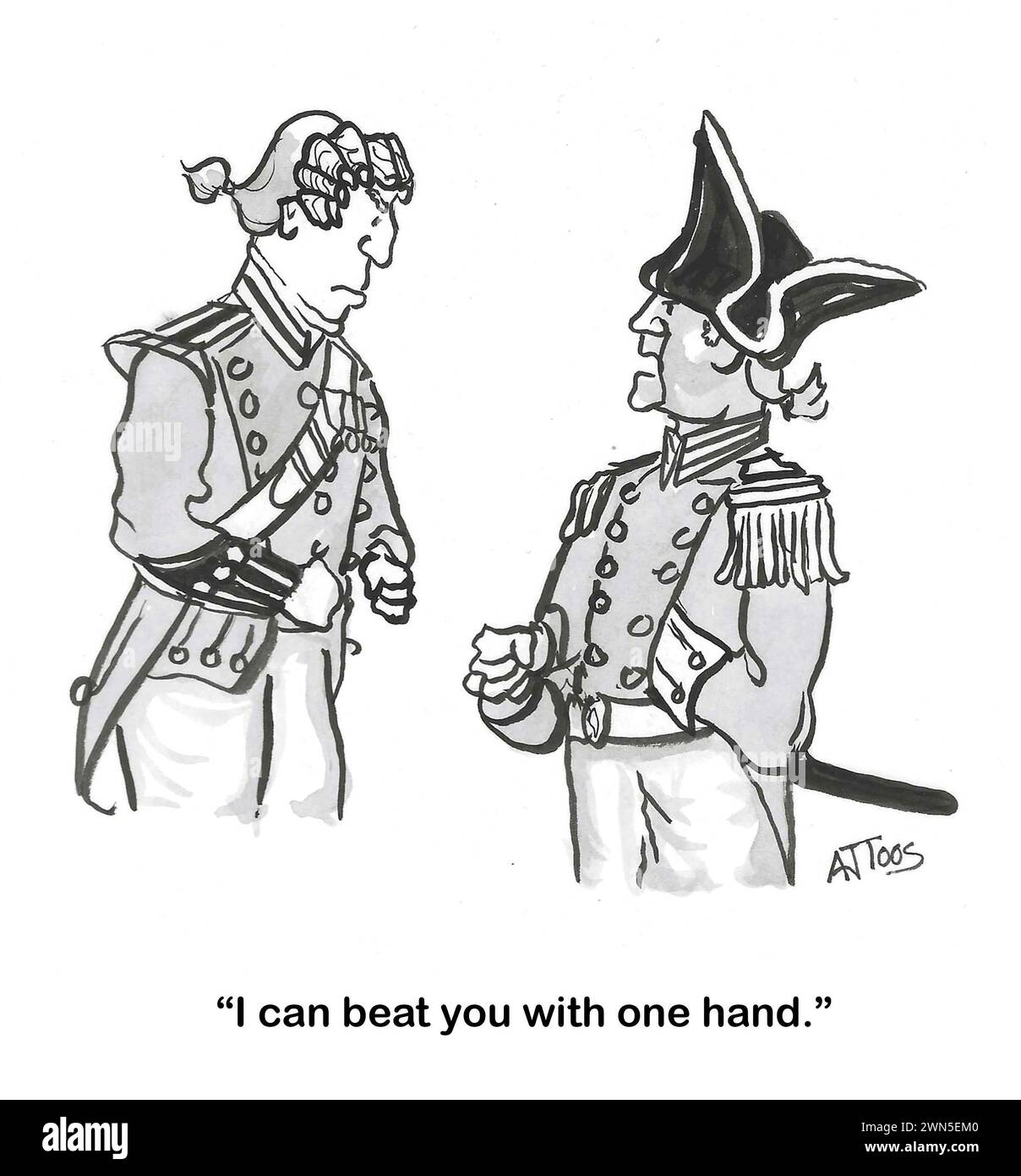 BW cartoon of two soldiers, one is Napoleon, and he will fight his opponent with only one hand. Stock Photo