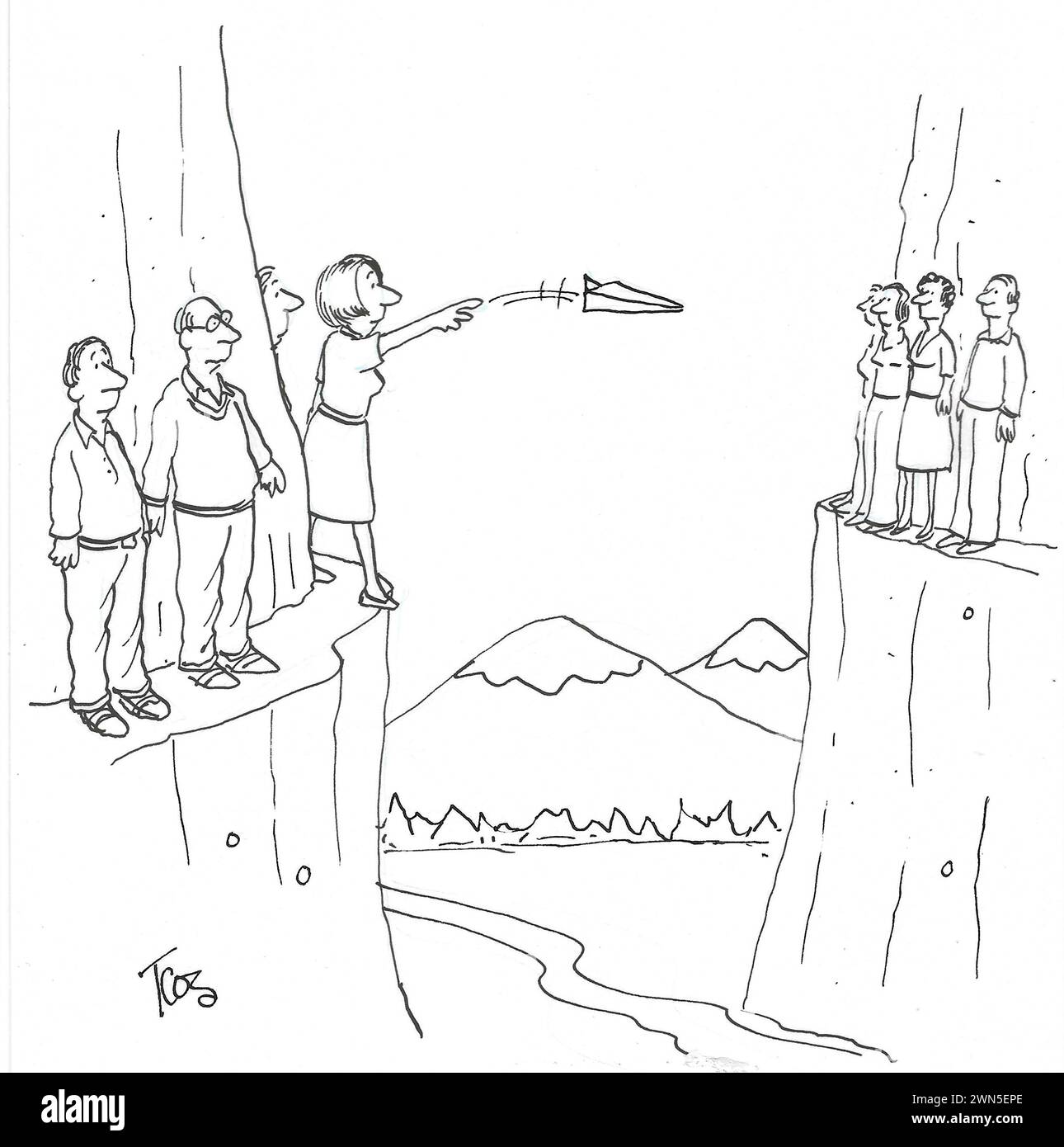 BW cartoon of two groups of people on two cliffs, communicating by paper airplane. Stock Photo