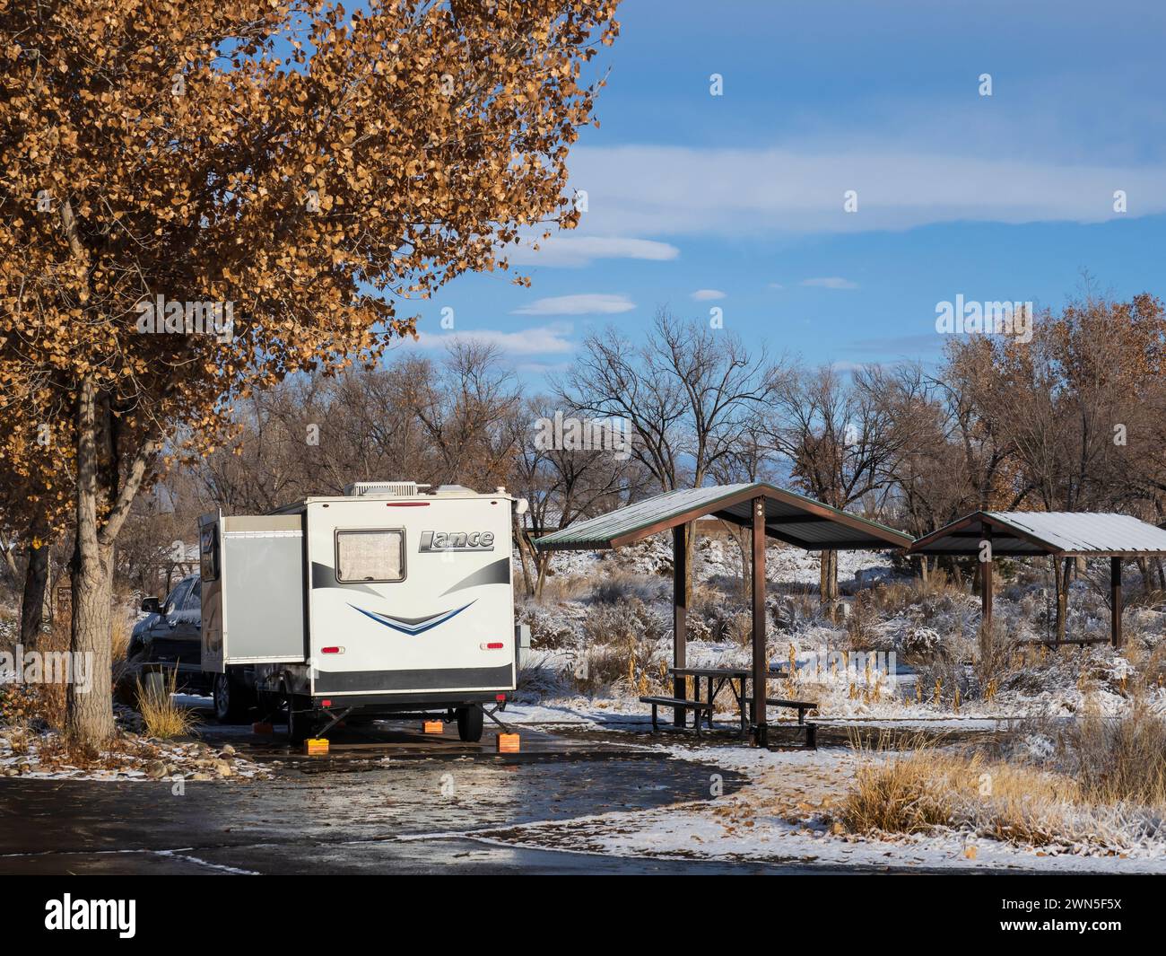 James M. Robb Colorado River State Park Fruita Section campground after a snowstorm, Fruita, Colorado. Stock Photo