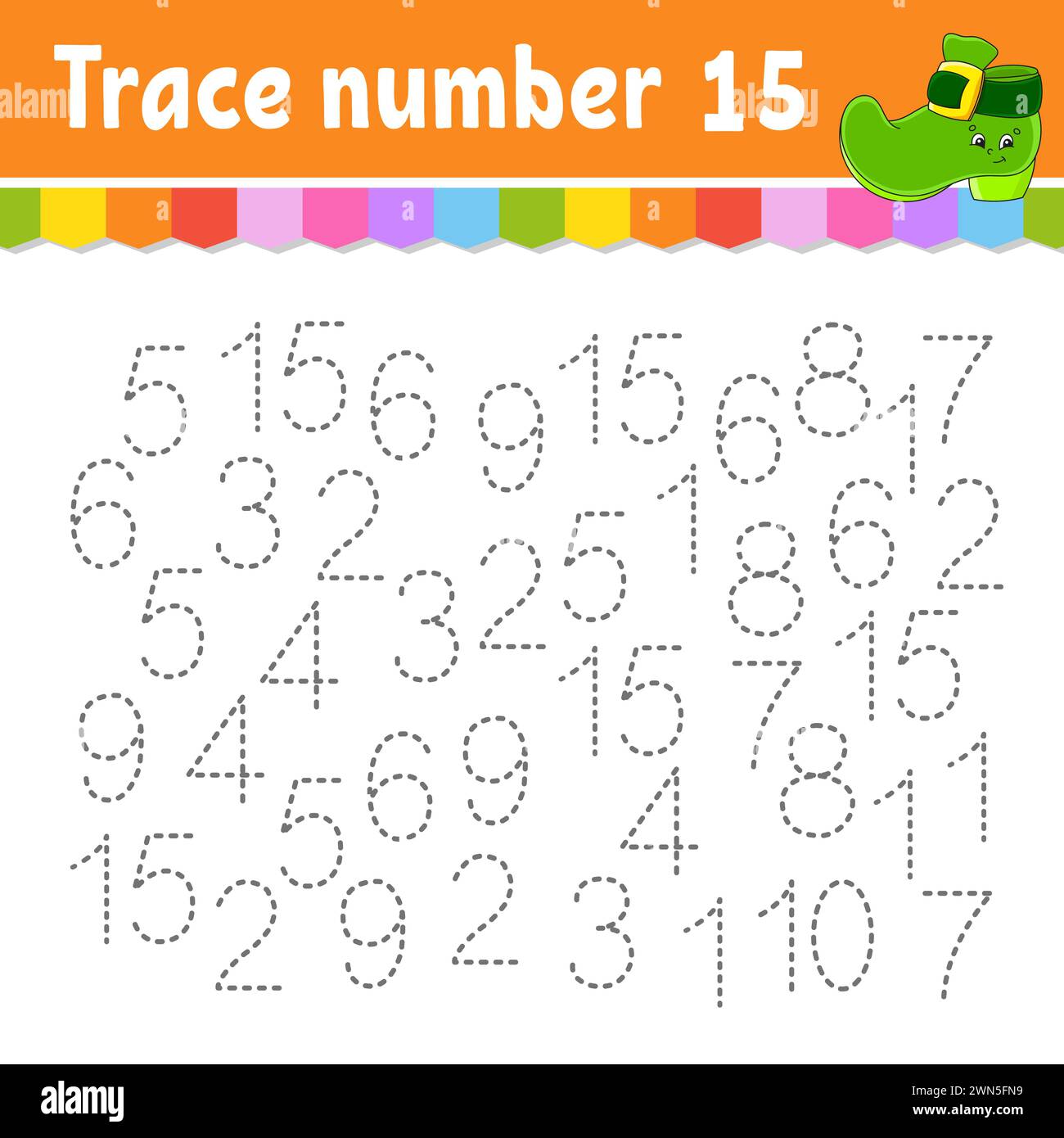 Trace number . Handwriting practice. Learning numbers for kids. Education developing worksheet. Activity page. Game for toddlers and preschoolers. Vec Stock Vector