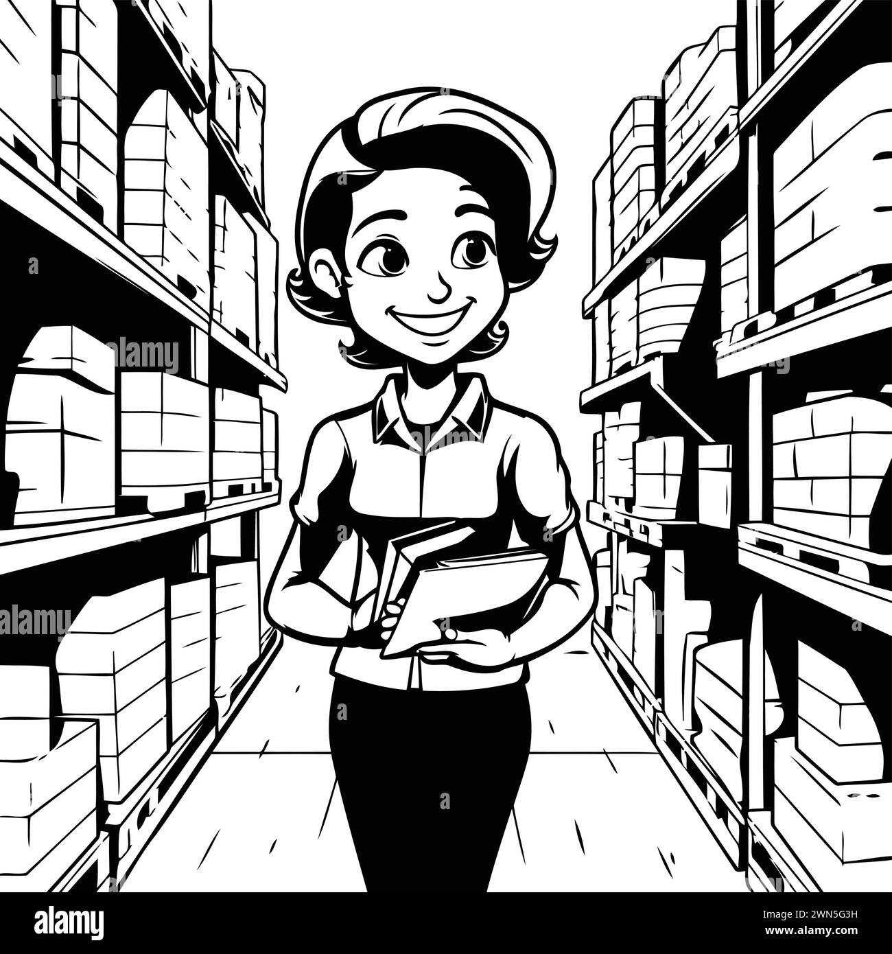 Vector illustration of a female warehouse worker standing in front of