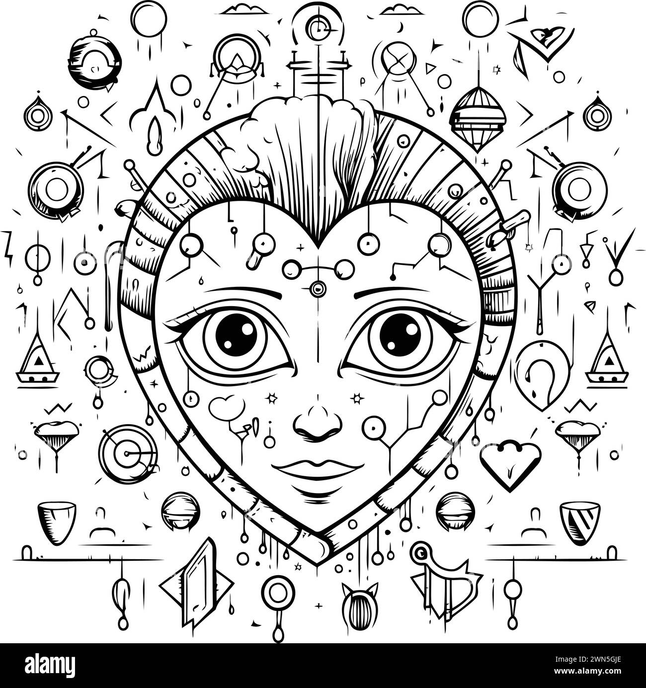 Black and white line art illustration of a female head with strange patterns Stock Vector