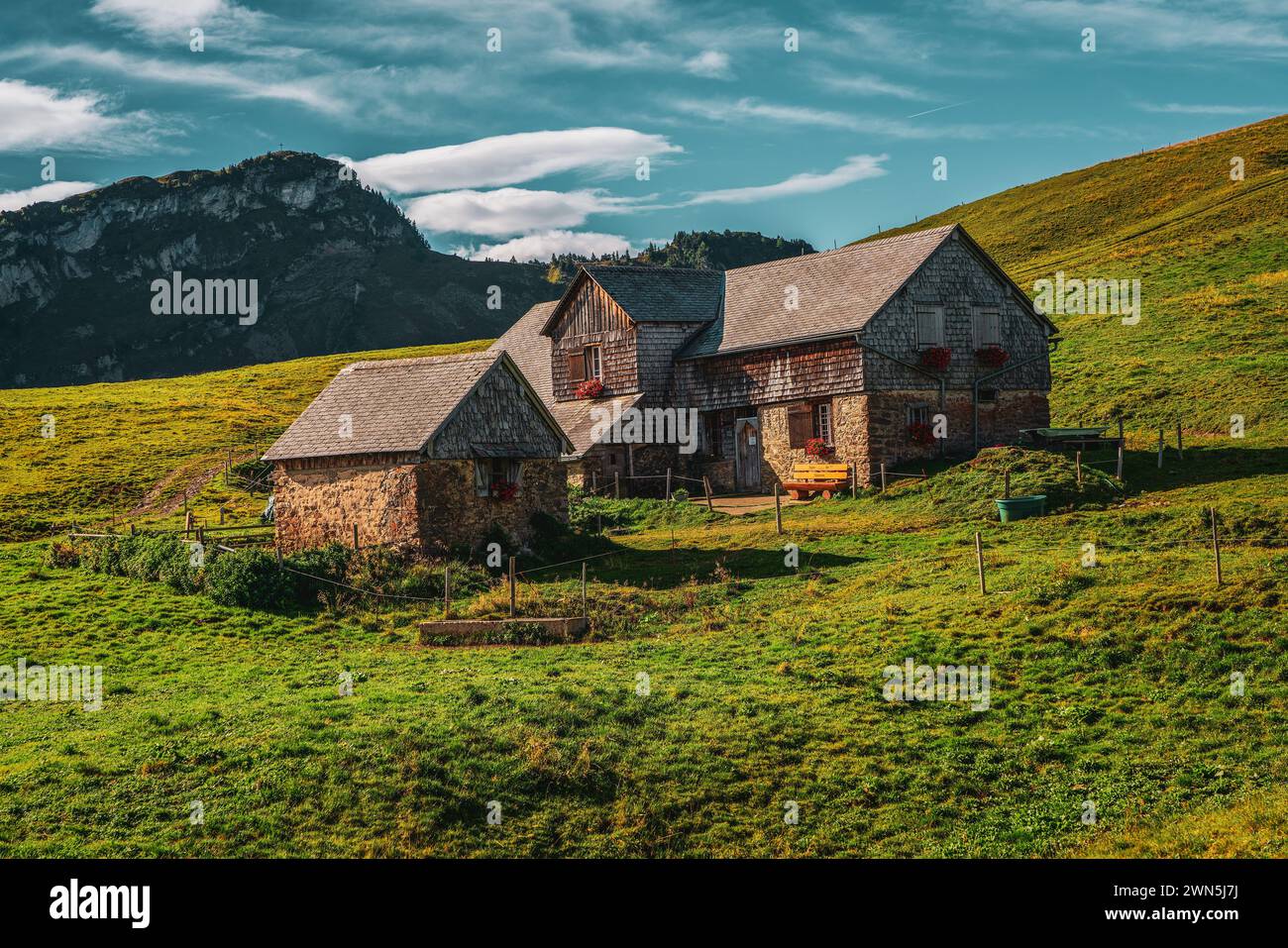 Farm in the Swiss mountains on Lake Lucerne. Stock Photo