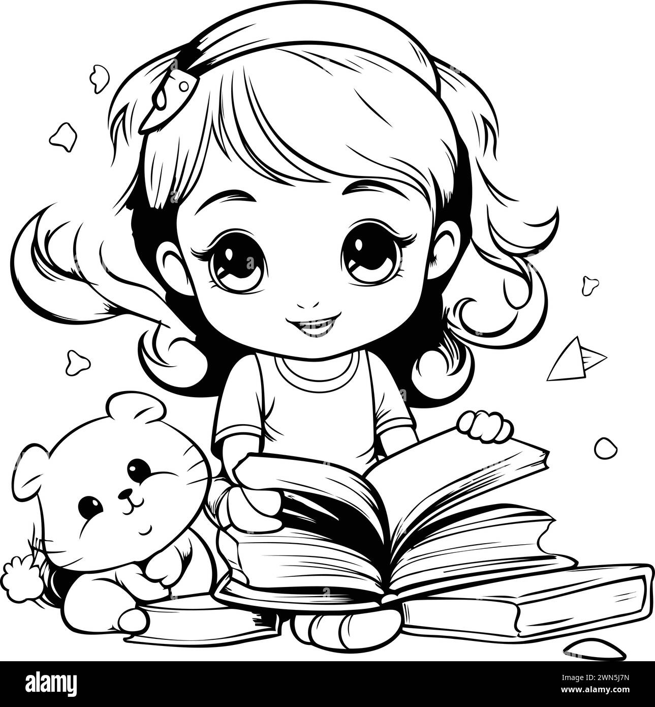 Cute little girl reading book. Black and white vector illustration ...