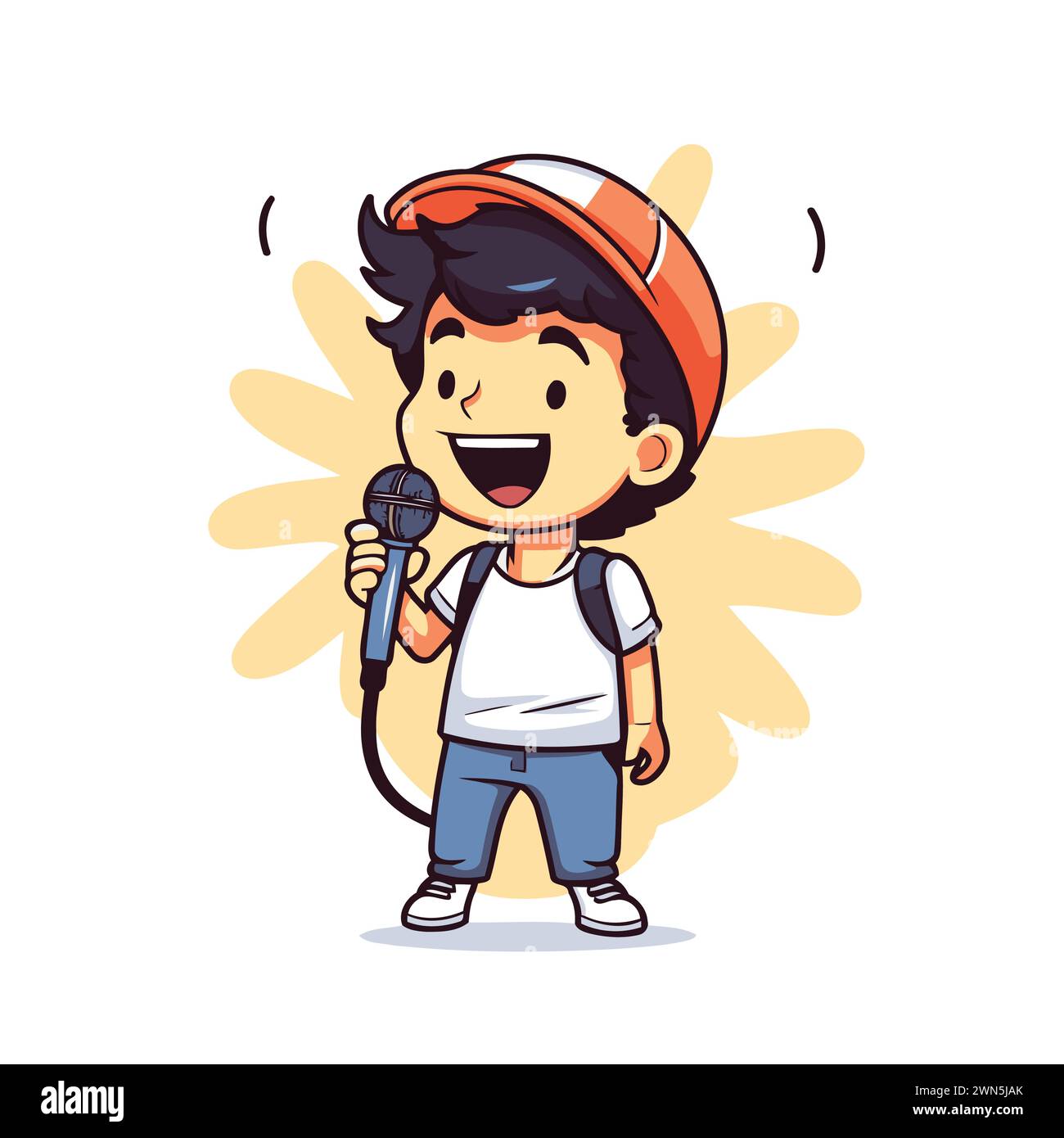 Vector illustration of a boy in a helmet singing karaoke Stock Vector