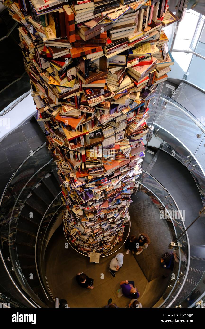 The 34-foot art installation book tower including over 15,000 books written about Abraham Lincoln in Petersen House.Ford's Theatre National Historic Site.Washington DC.USA Stock Photo