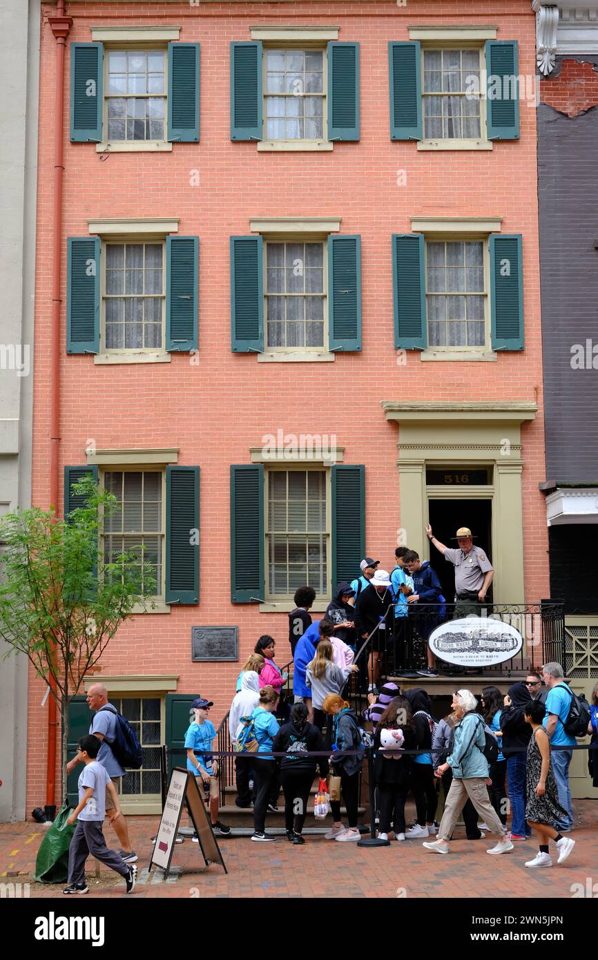 Visitors waiting to enter the Petersen House where president Lincoln died on the April 14,1865 nowadays a part of Ford's Theatre National Historic Site.Washington DC. USA Stock Photo