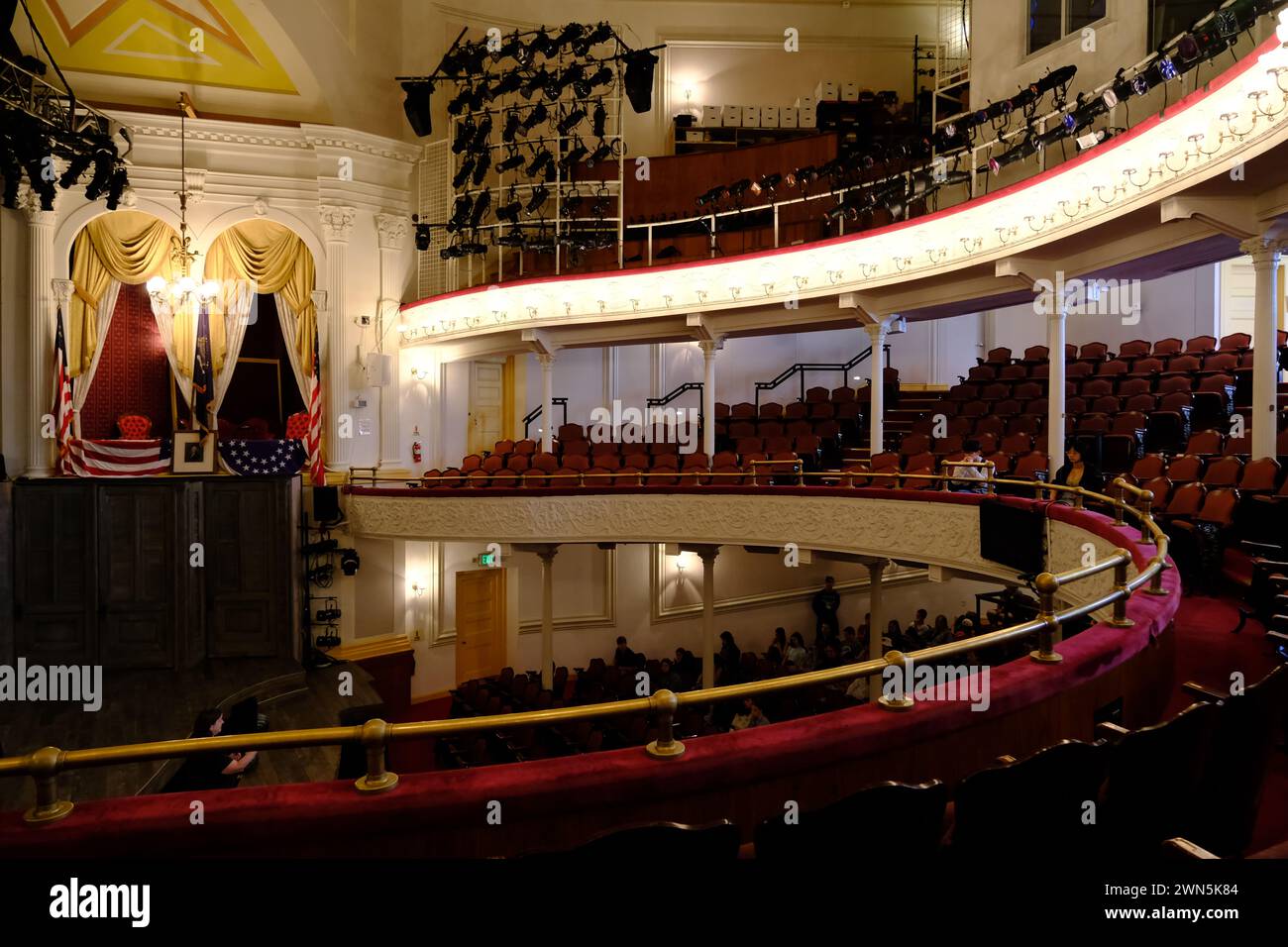 The interior view of audience seats and Abraham Lincoln's presidential box in Ford's Theatre where President Abraham Lincoln was assassinated on April 14,1865.Washington DC.USA Stock Photo