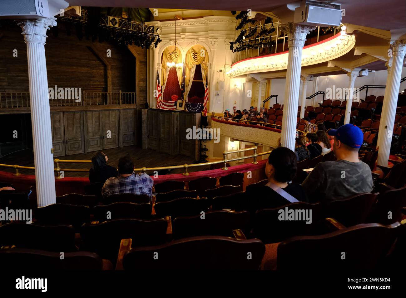 The interior view of audience seats and Abraham Lincoln's presidential box in Ford's Theatre where President Abraham Lincoln was assassinated on April 14,1865.Washington DC.USA Stock Photo