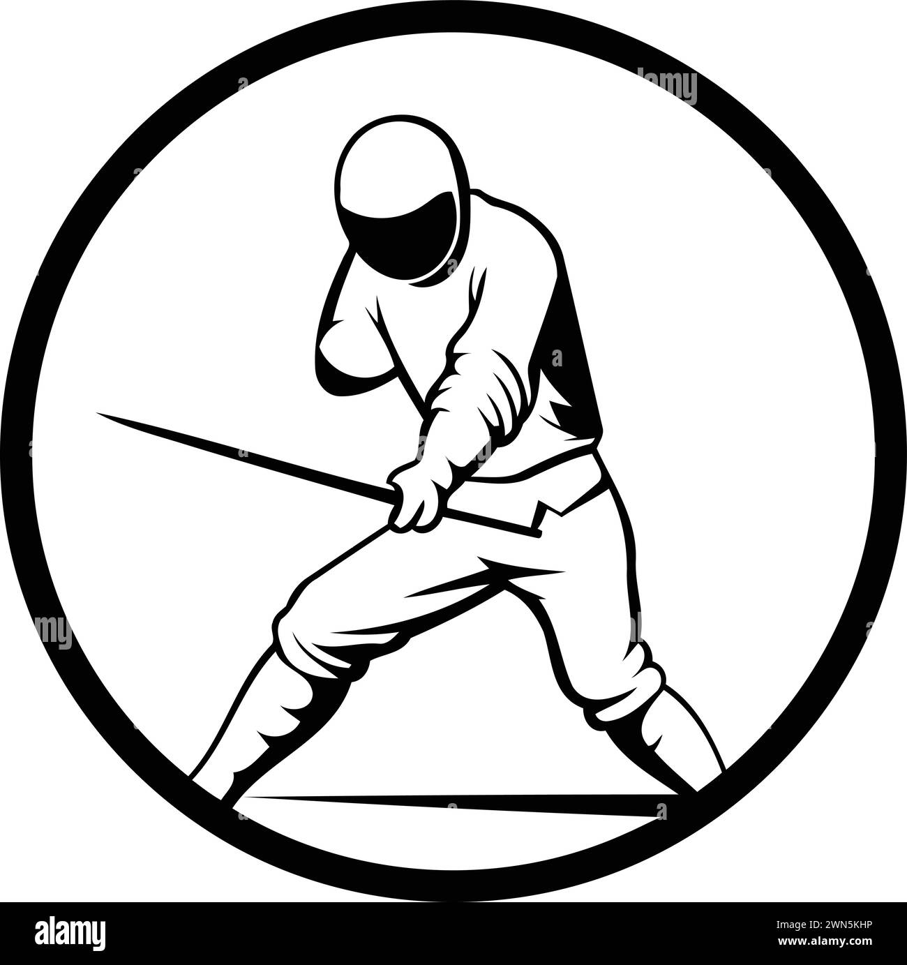 Illustration of a fencer with sword in circle done in retro woodcut style. Stock Vector