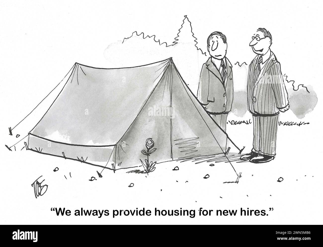 BW cartoon showing that the housing for professional new hires is a tent. Stock Photo