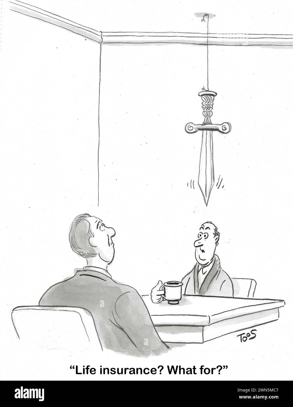BW cartoon showing the sword hanging over Damocles head. Stock Photo