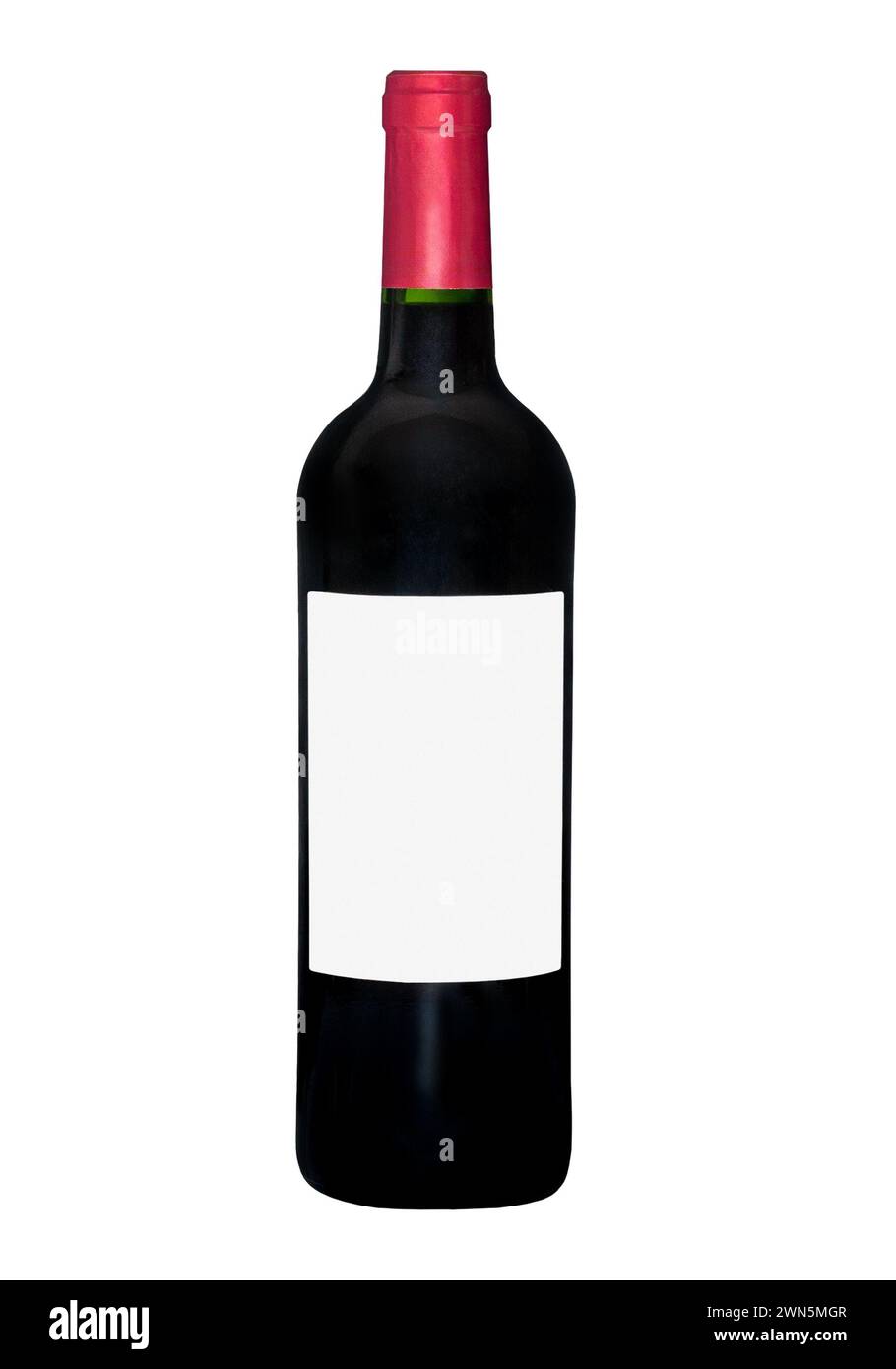 Isolated red wine bottle with blank white label. Stock Photo