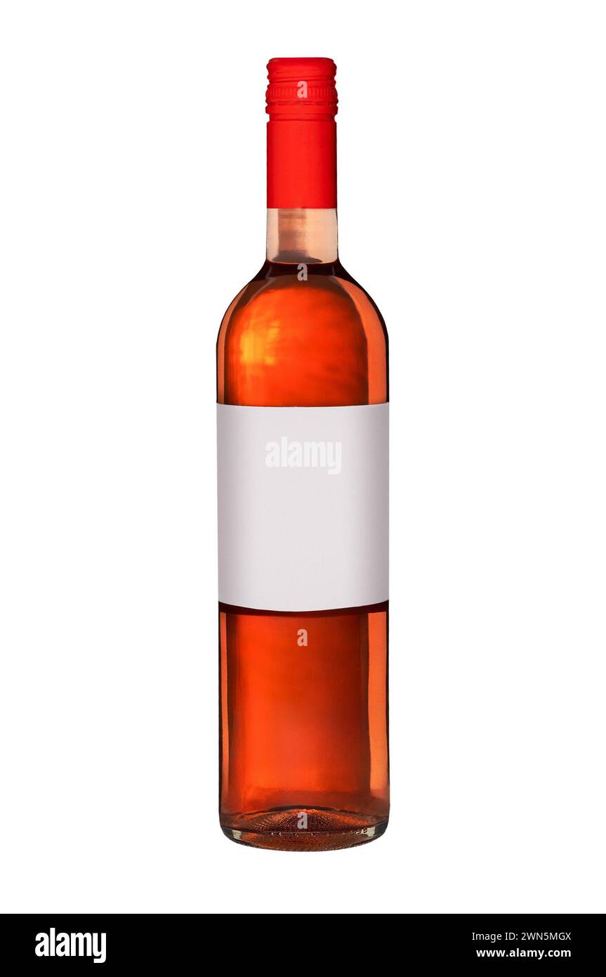 Isolated rose wine bottle with blank white label. Stock Photo