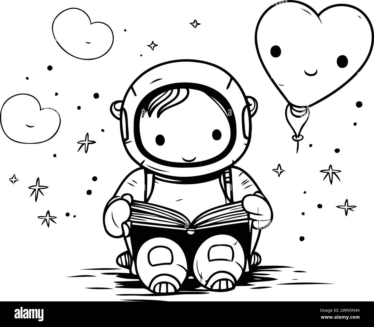 Cute little baby boy in astronaut costume sitting on the ground and