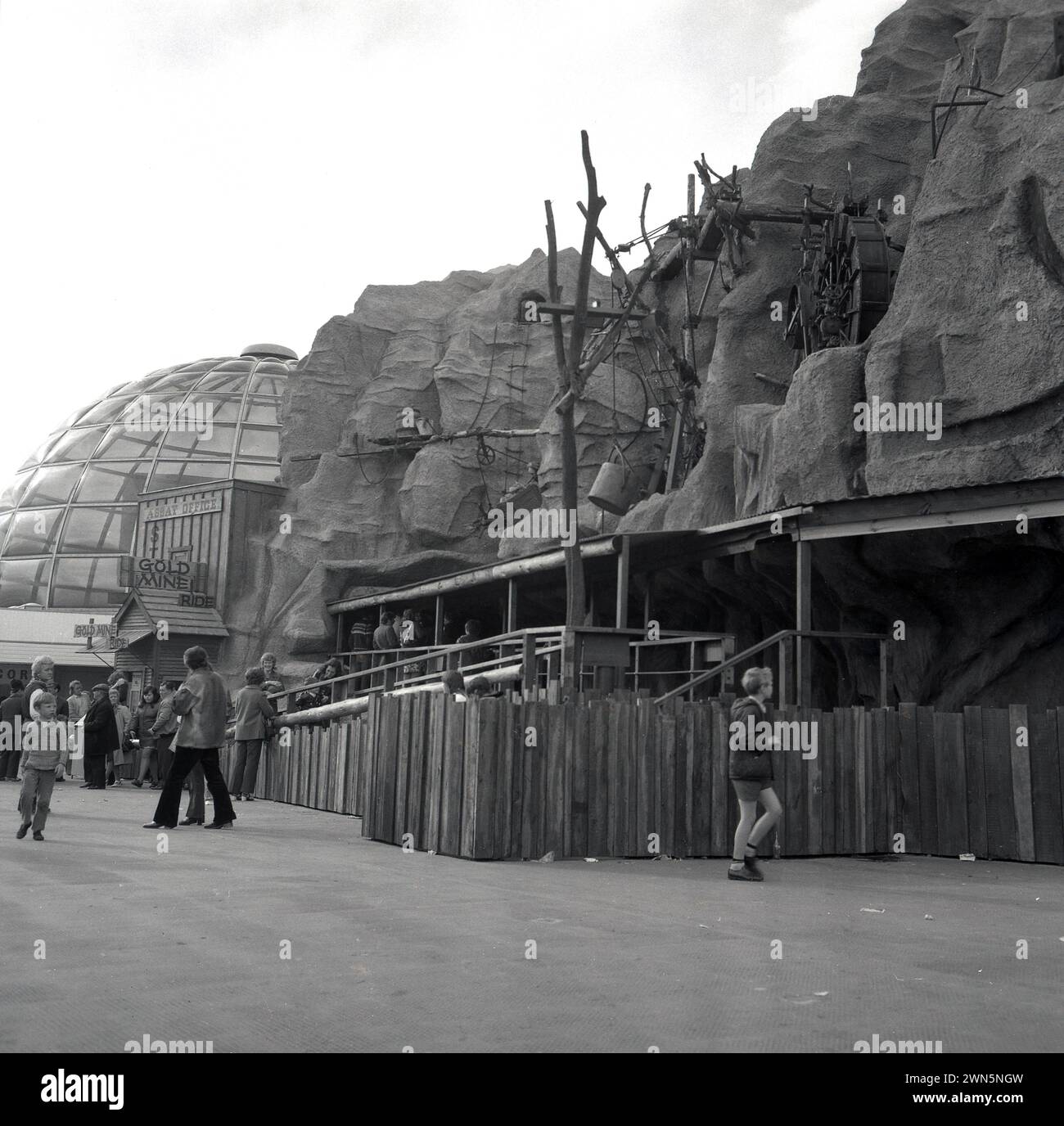 1970s, historical, exterior of the Gold Mine Ride at Blackpool Pleasure