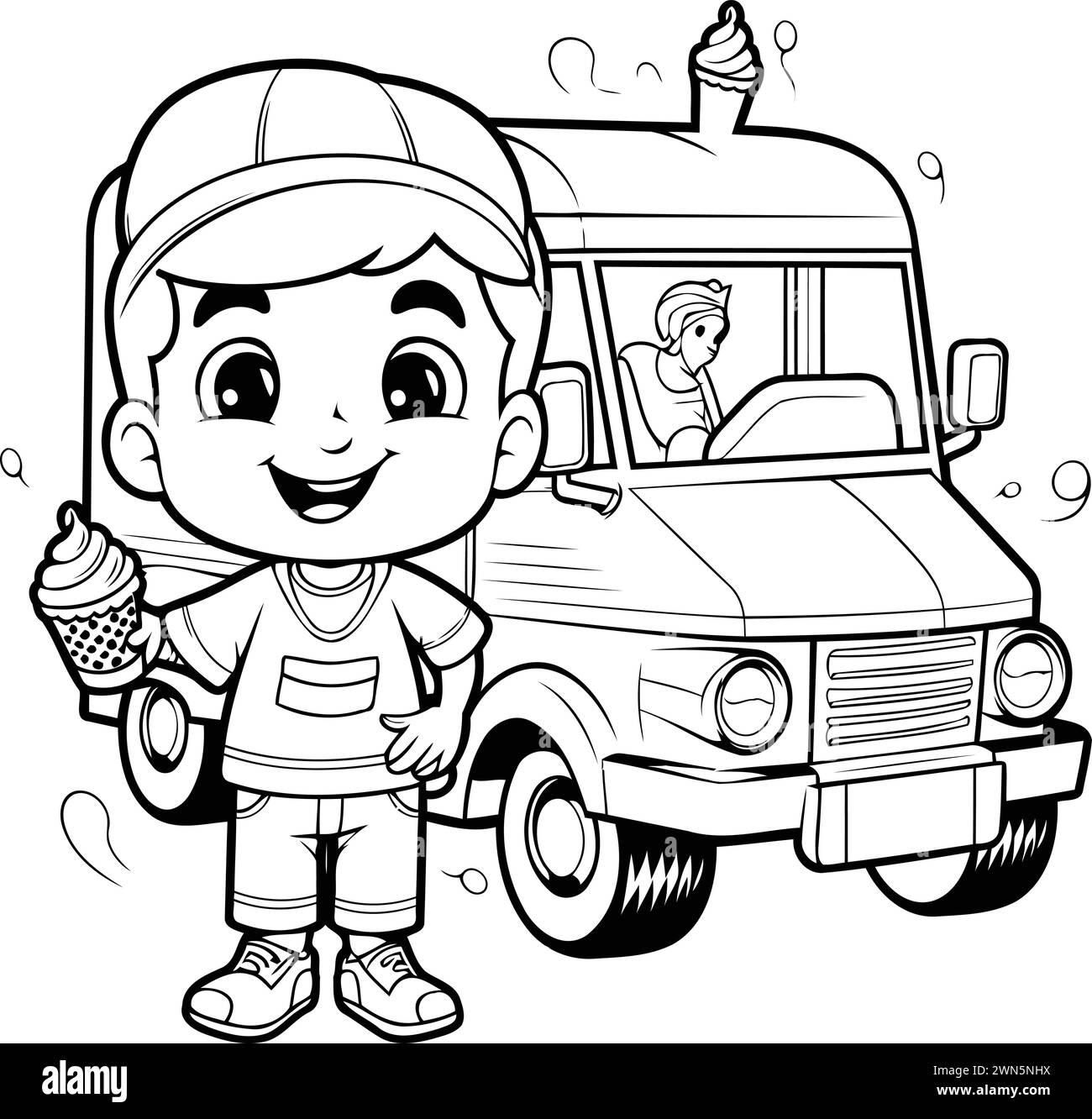 Coloring Page Outline Of Cartoon Delivery Boy with Ice Cream Truck Stock Vector